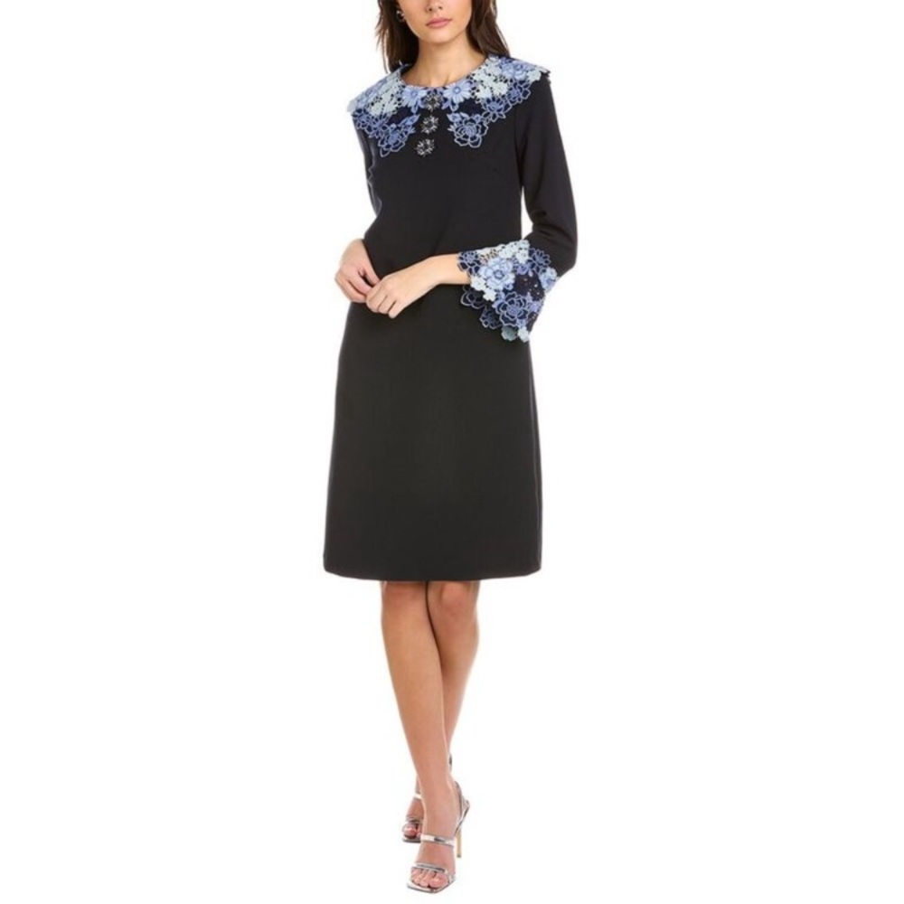 Rickie Freeman for Teri Jon Black Midi Dress with Blue Lace Trim